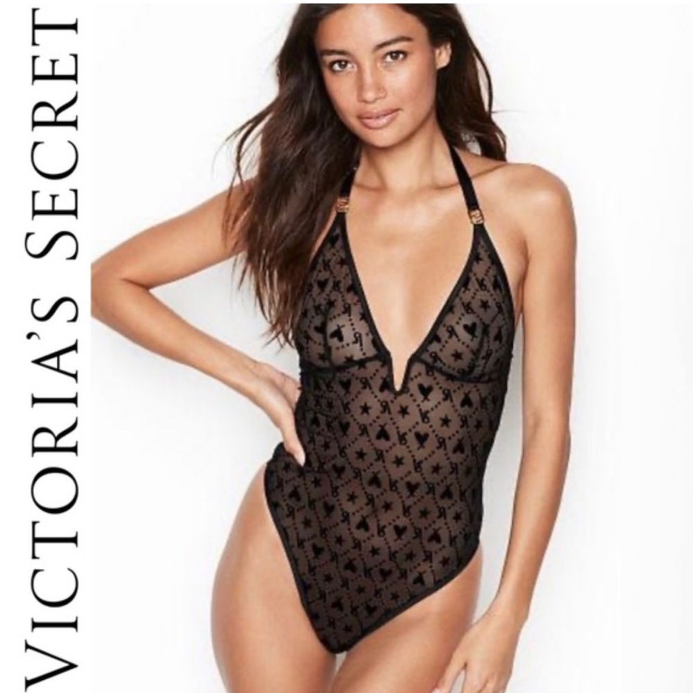 Victoria Secret Black Mesh Velvet Heart Logo V Wire Tong Teddy Bodysuit